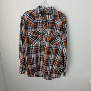 Roper Men's Orange, Blue & White Checked Pearl Snap Western Shirt, Medium